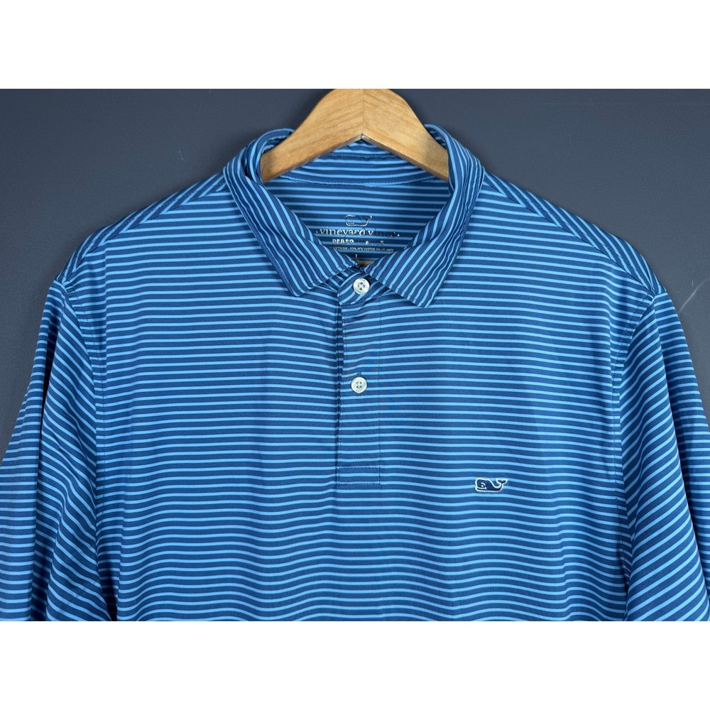 Vineyard Vines Performance Polo Shirt Mens Large Blue Striped Short Sleeve Whale